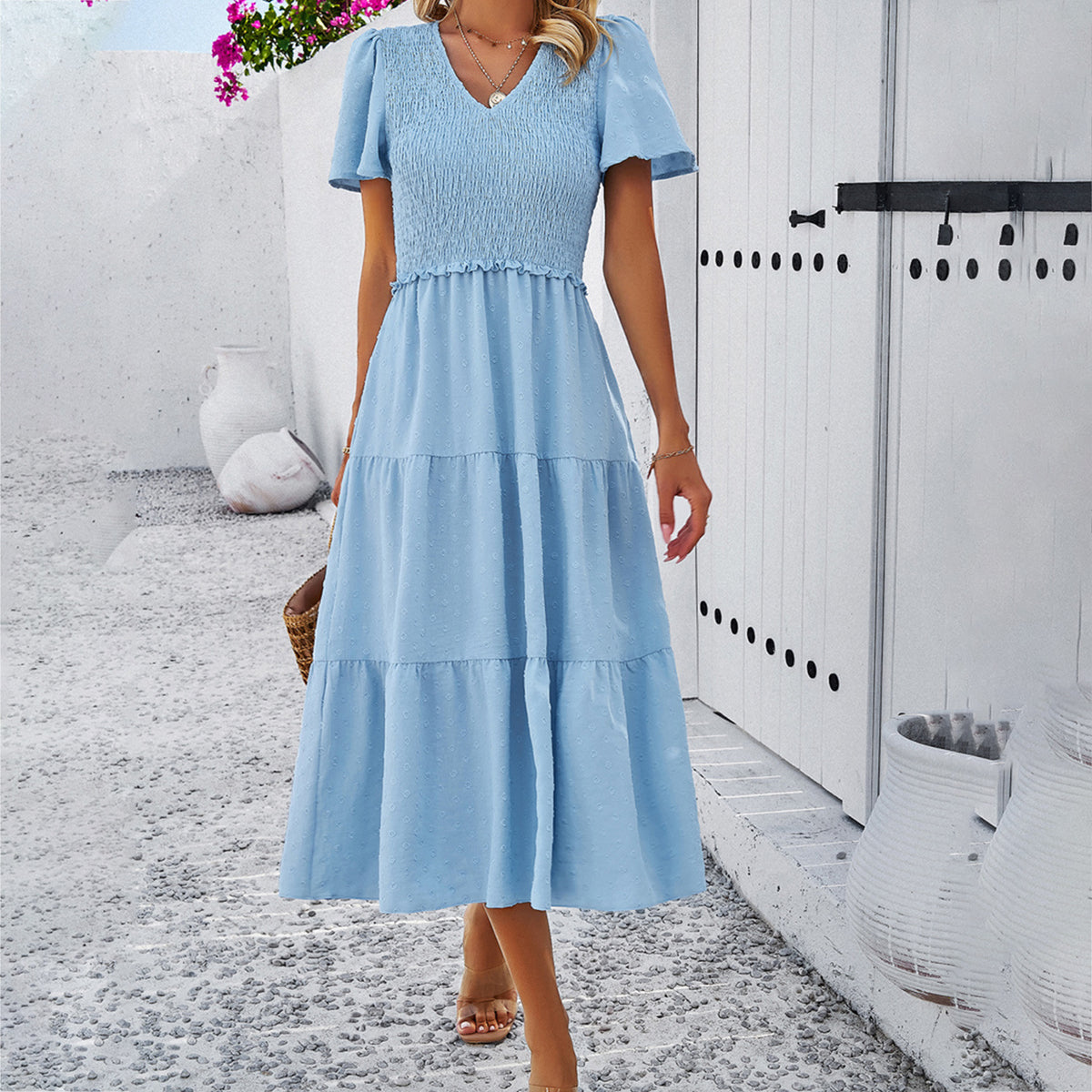 Polka Elegant V-Neck Short Sleeve Dress