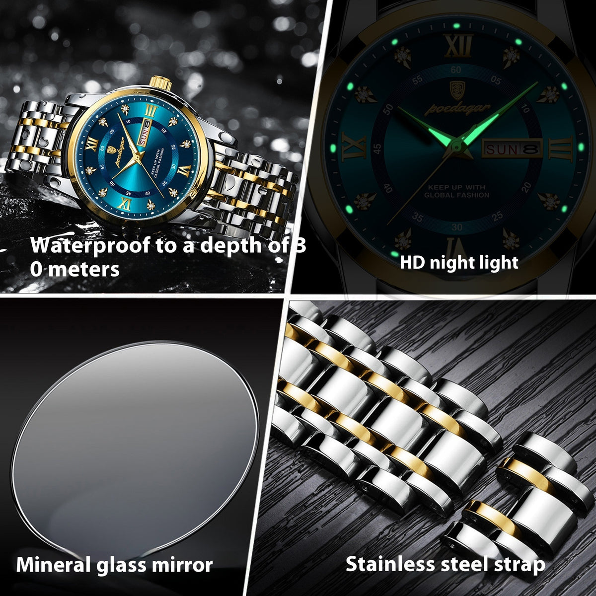 POEDAGAR - Waterproof Men's Double Calendar Luminous Quartz Watch